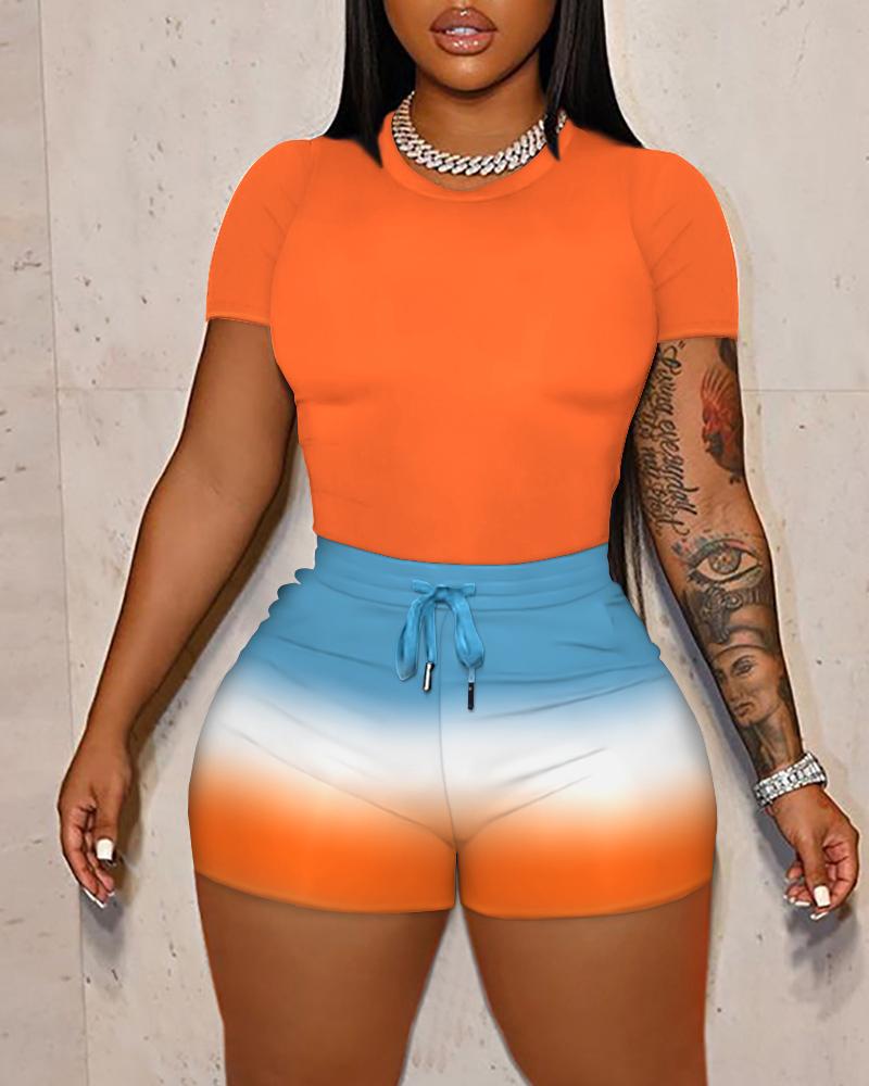 

Ombre Print Casual Top & Drawstring Shorts Set, Orange
