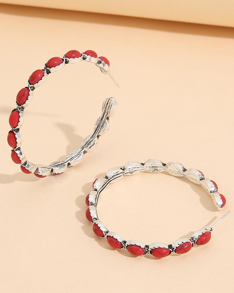 

1Pair Vintage Bohemian Turquoise Hoop Earrings, Red