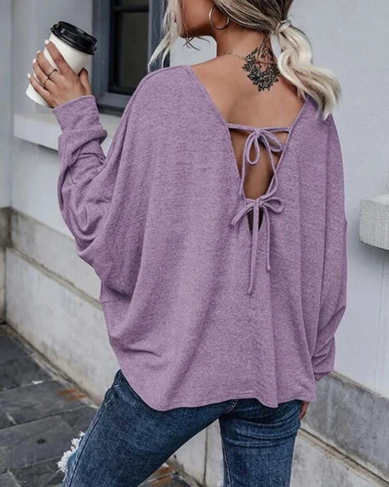 

Tied Detail V-Back Long Sleeve Top, Purple