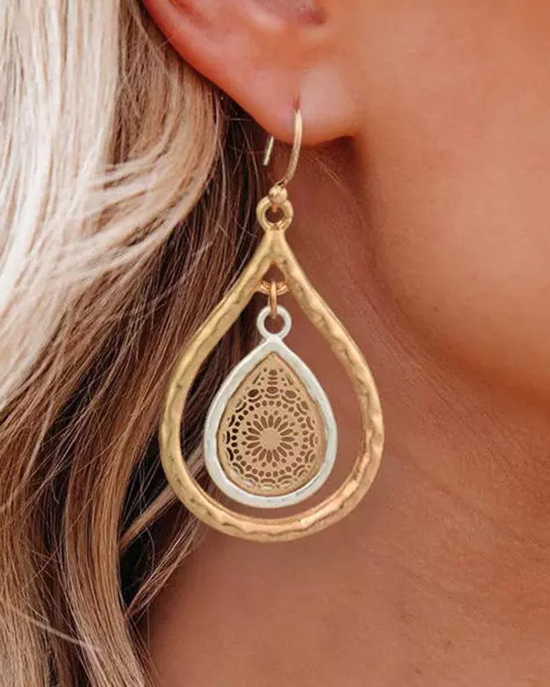 

1Pair Bohemian Hollow Out Waterdrop Hook Earrings, Gold