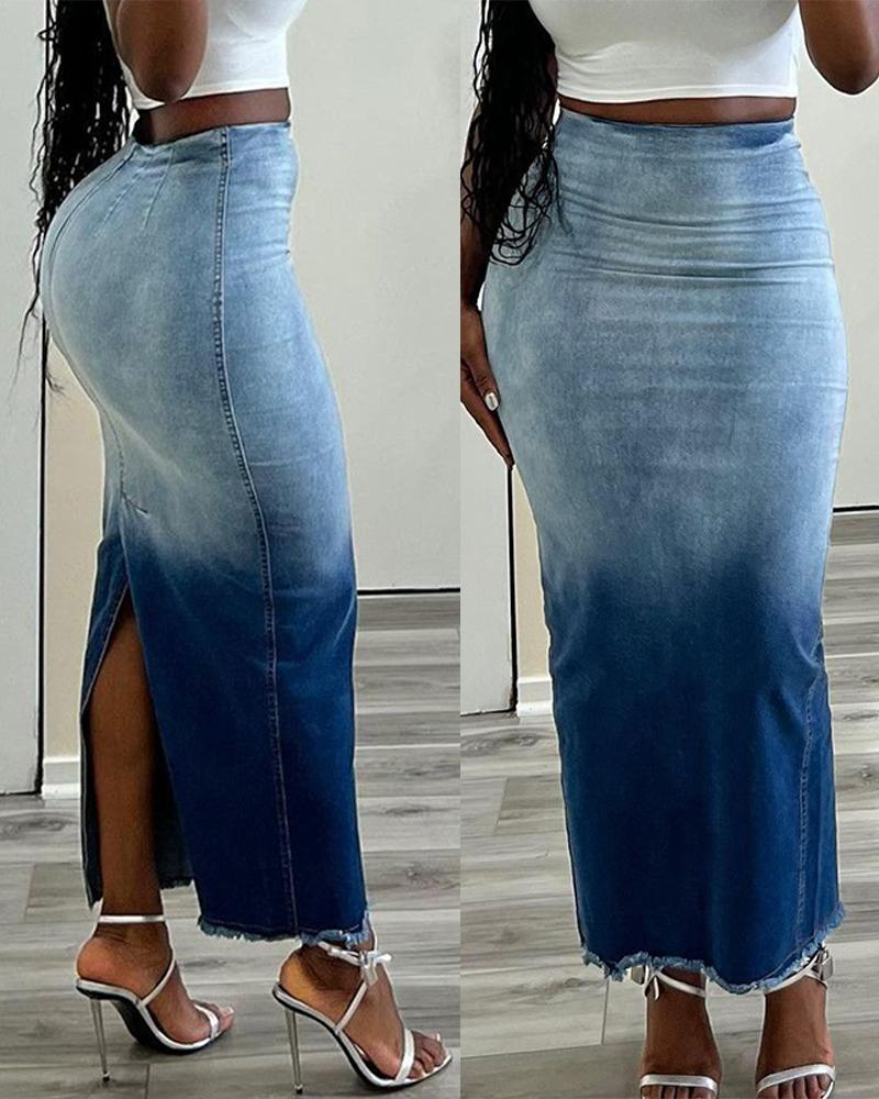 

Ombre Tie Dye Print Raw Hem Denim Dress, Blue