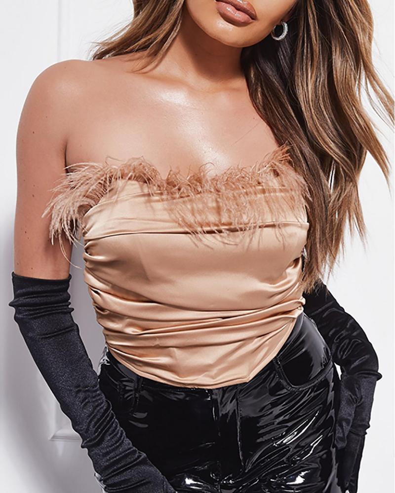 

Feather Decor Bandeau Satin Ruched Top, Khaki