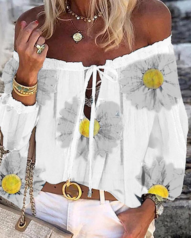 

Daisy Print Off Shoulder Long Sleeve Shirt, White