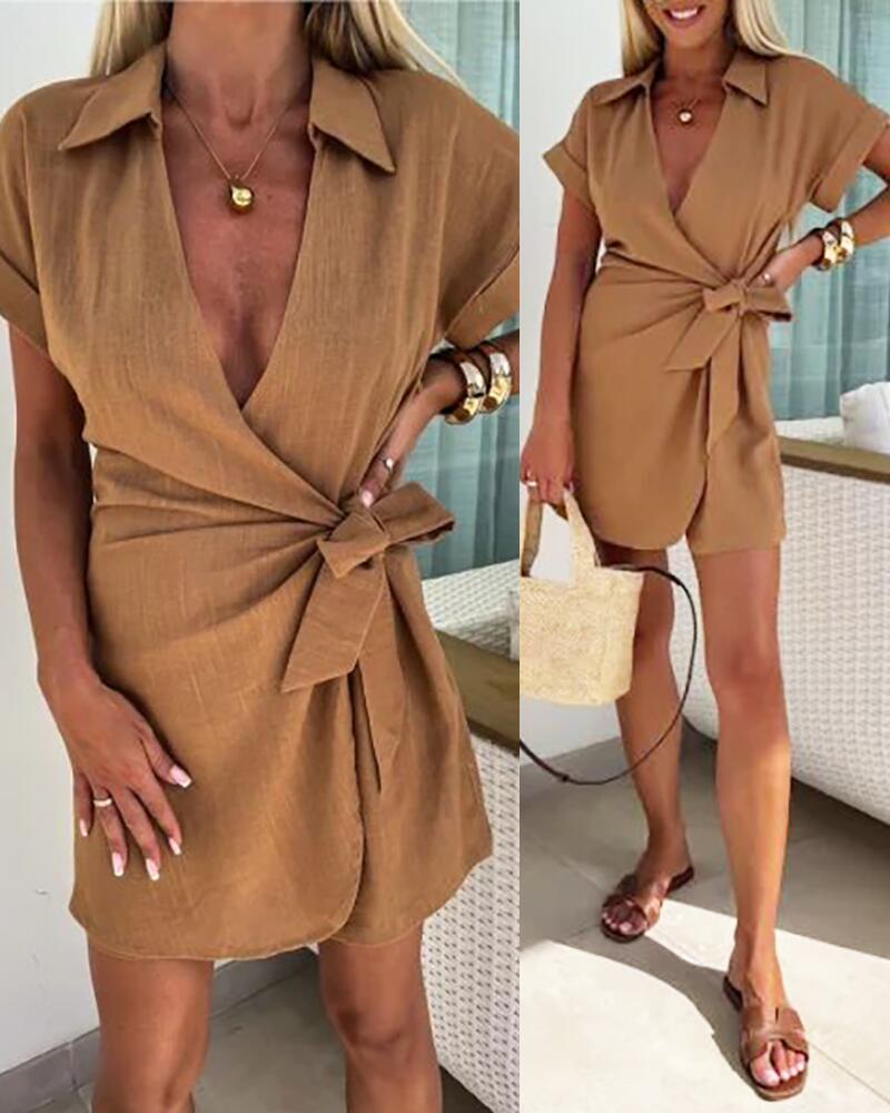 

Tied Detail Ruched Turn-down Collar Overlap Romper, Khaki