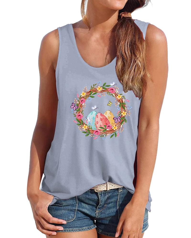 

Easter Eggs Print Graphic Tee Casual Tank Top, Gray