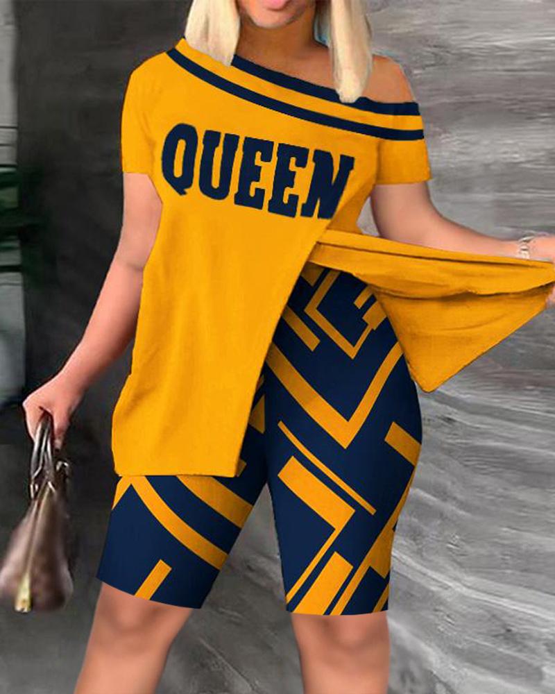 

Plus Size Queen Geometric Print Split Hem Top & Shorts Set, Orange