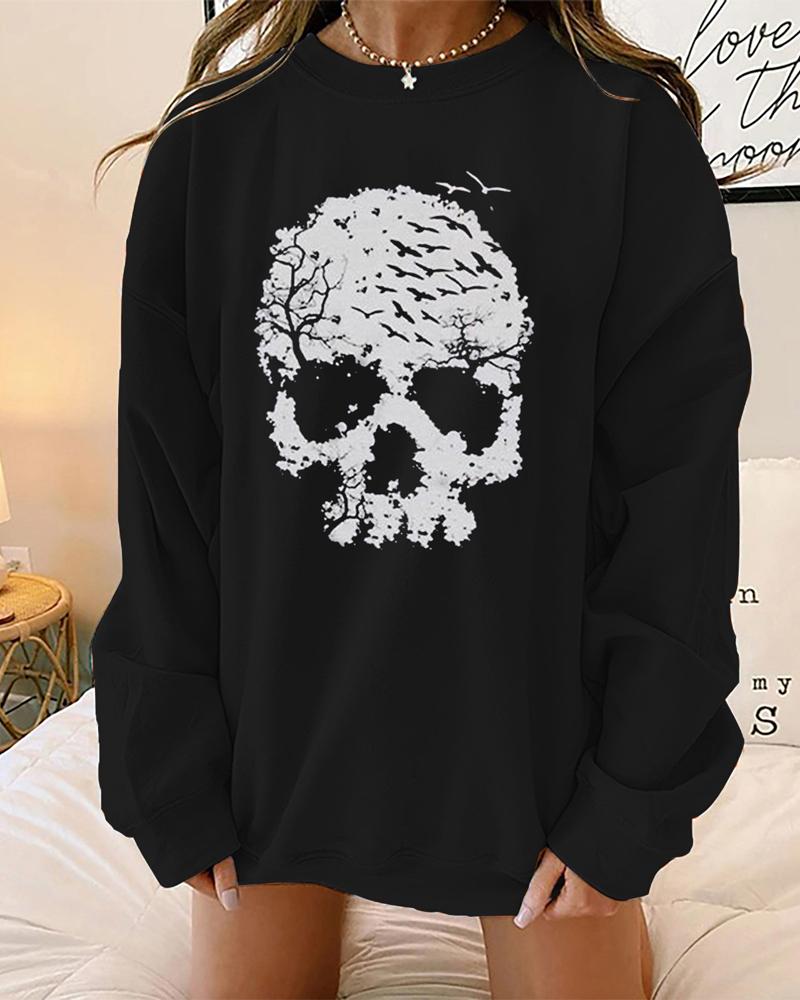 

Plus Size Halloween Skull Print Long Sleeve Sweatshirt, Black