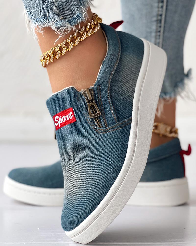 

Letter Pattern Zip Detail Casual Slip-on, Dark blue
