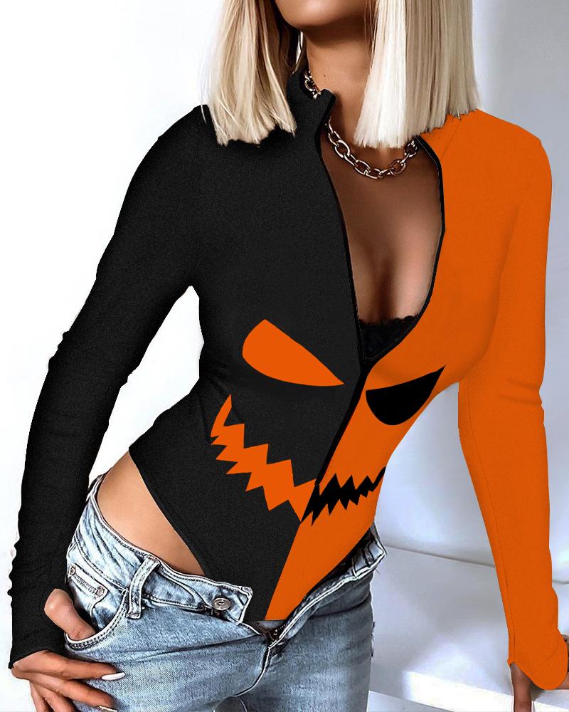 

Halloween Graphic Print Colorblock Zip Front Bodysuit, Orange