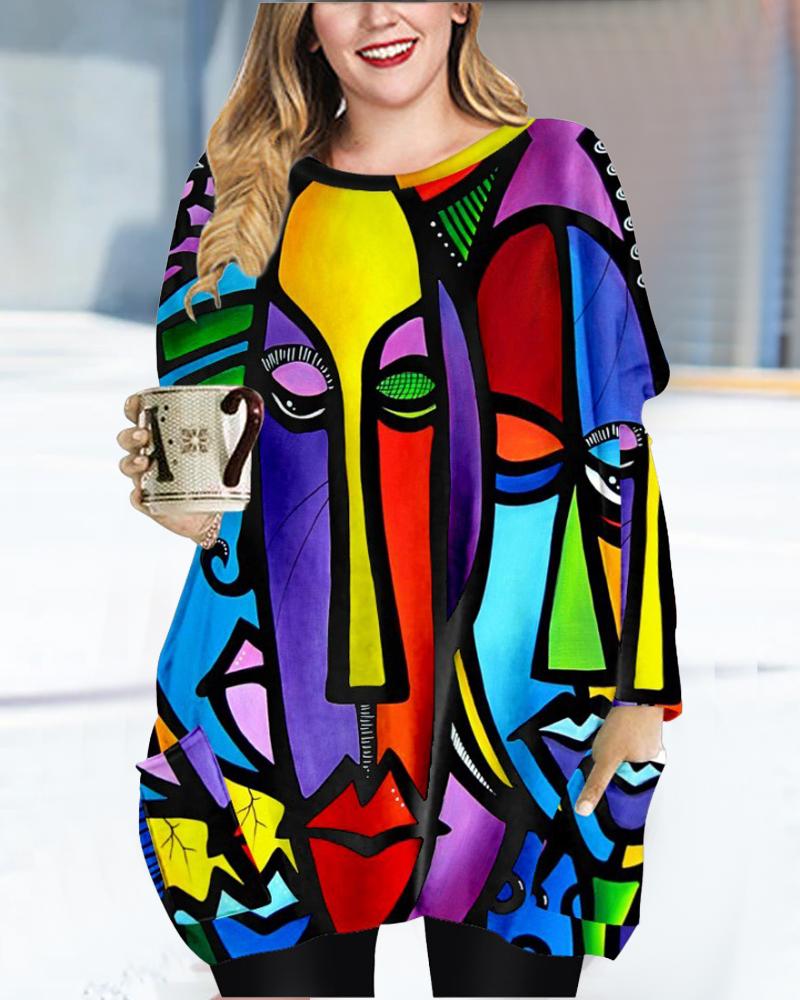 

Plus Size Abstract Figure Print Pocket Detail Long Sleeve Top, Multicolor