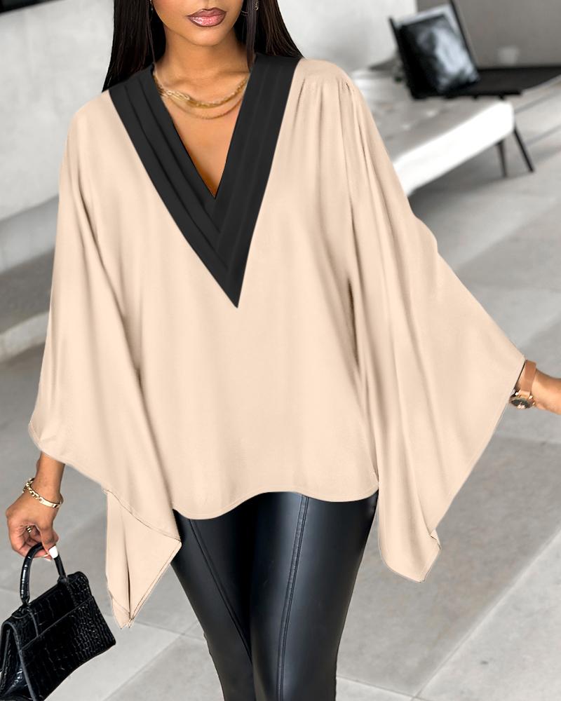 

Contrast Paneled Batwing Sleeve Top, Apricot