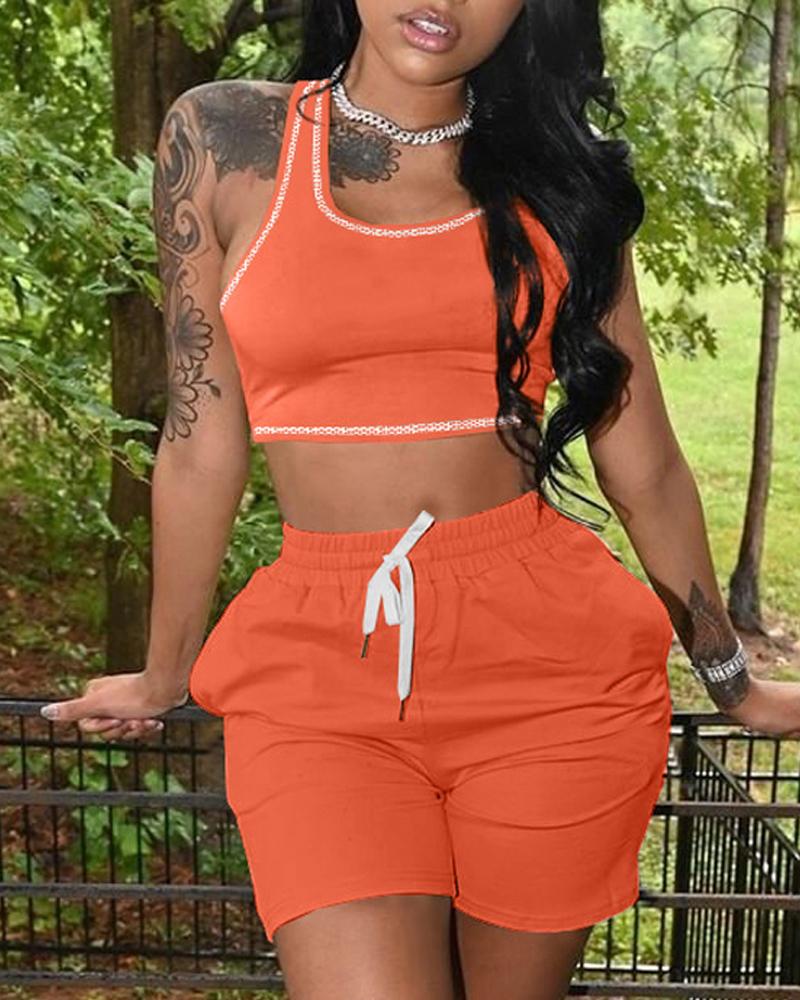 

Contrast Stitching Crop Tank Top & Drawstring Shorts Set, Orange