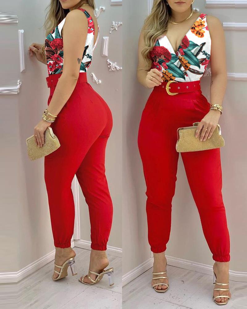 

Floral Print V-Neck Jumpsuit With Belt, Red