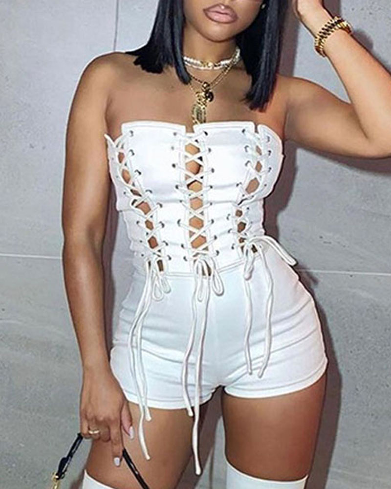 

Grommet Eyelet Lace-up Tube Romper, White