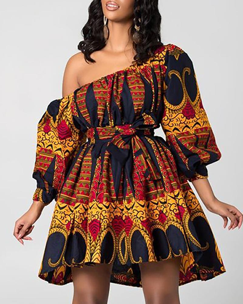 

Print One Shoulder Lantern Sleeve Mini Dress, Orange