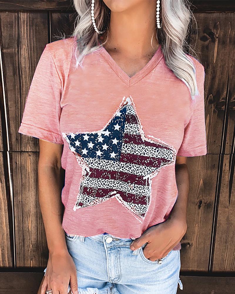 

Star Flag Pattern Print Short Sleeve T-shirt, Pink