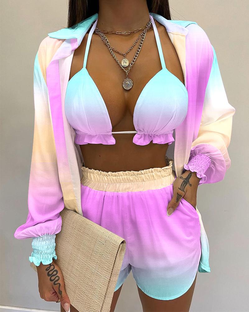 

3PCS Ombre Shirt & Shorts Set With Crop Top, Multicolor