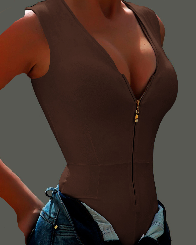 

Zip Front V-Neck Sleeveless Bodysuit, Dark brown