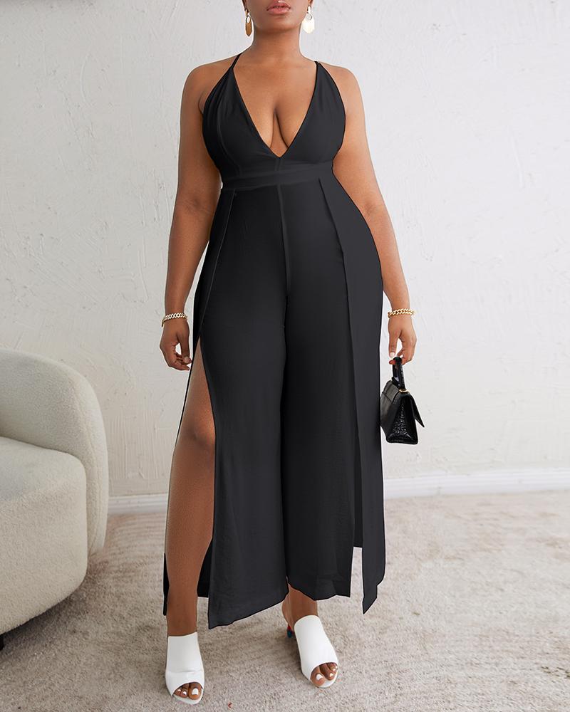 

Crisscross Backless Plunging Neck Jumpsuit, Black
