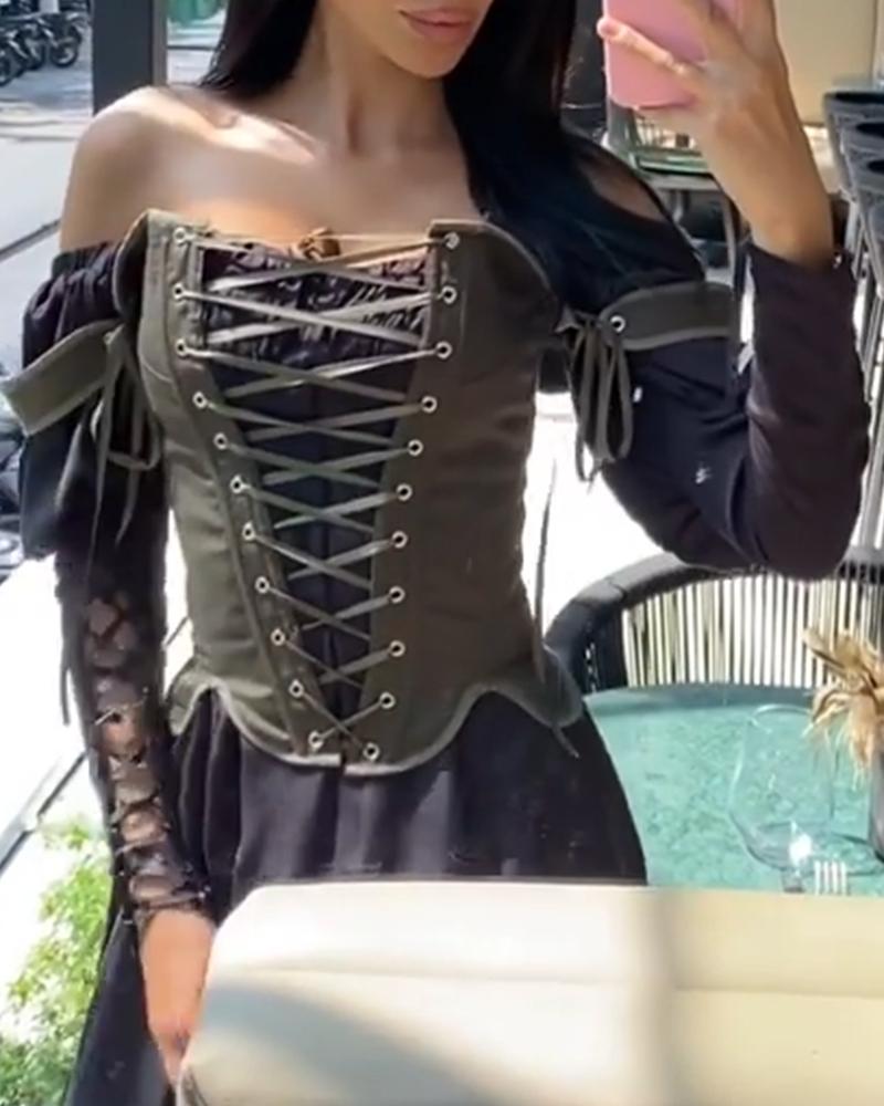 

Cold Shoulder Eyelet Lace-up Corset Top, Black