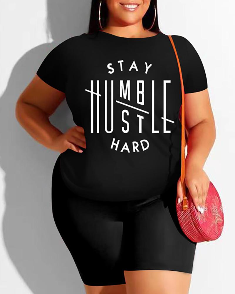 

Plus Size Letter Print Short Sleeve Top & Shorts Set, Black