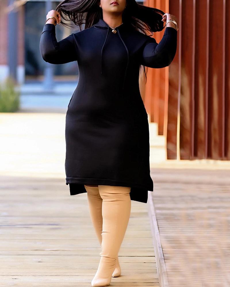 

Long Sleeve Hooded Casual Sweatshirt Dress, Black
