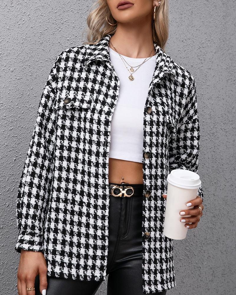 

Houndstooth Print Long Sleeve Buttoned Shacket, Black