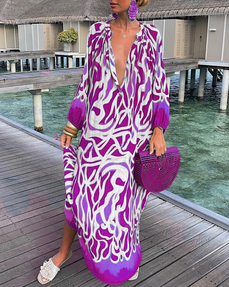 

Abstract Print Lantern Sleeve Shirt Dress, Rose red