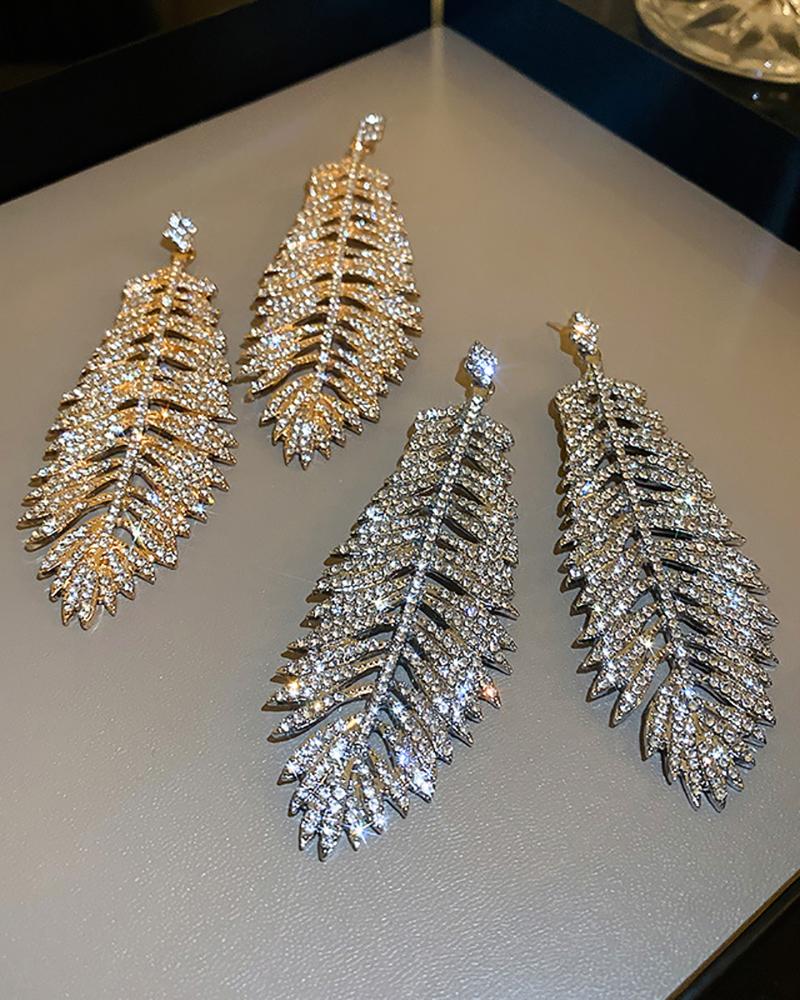 

1Pair Leaf Pattern Rhinestone Decor Earrings, Silver