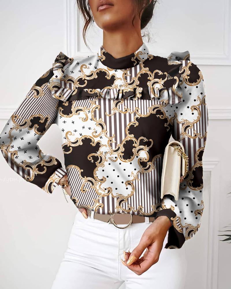 

Colorblock Frill Hem Hollow Out Long Sleeve Women Top, Multicolor