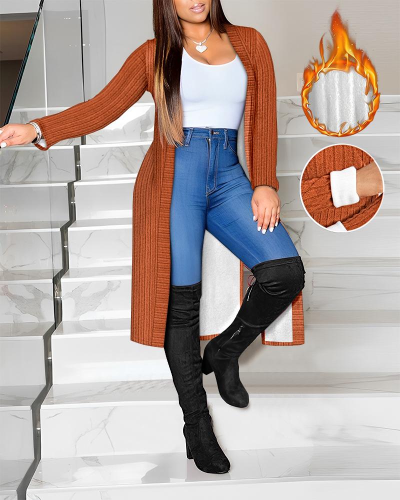 

Open Front Long Sleeve Coat Fleece Lined Ribbed Longline Outwear, Brown
