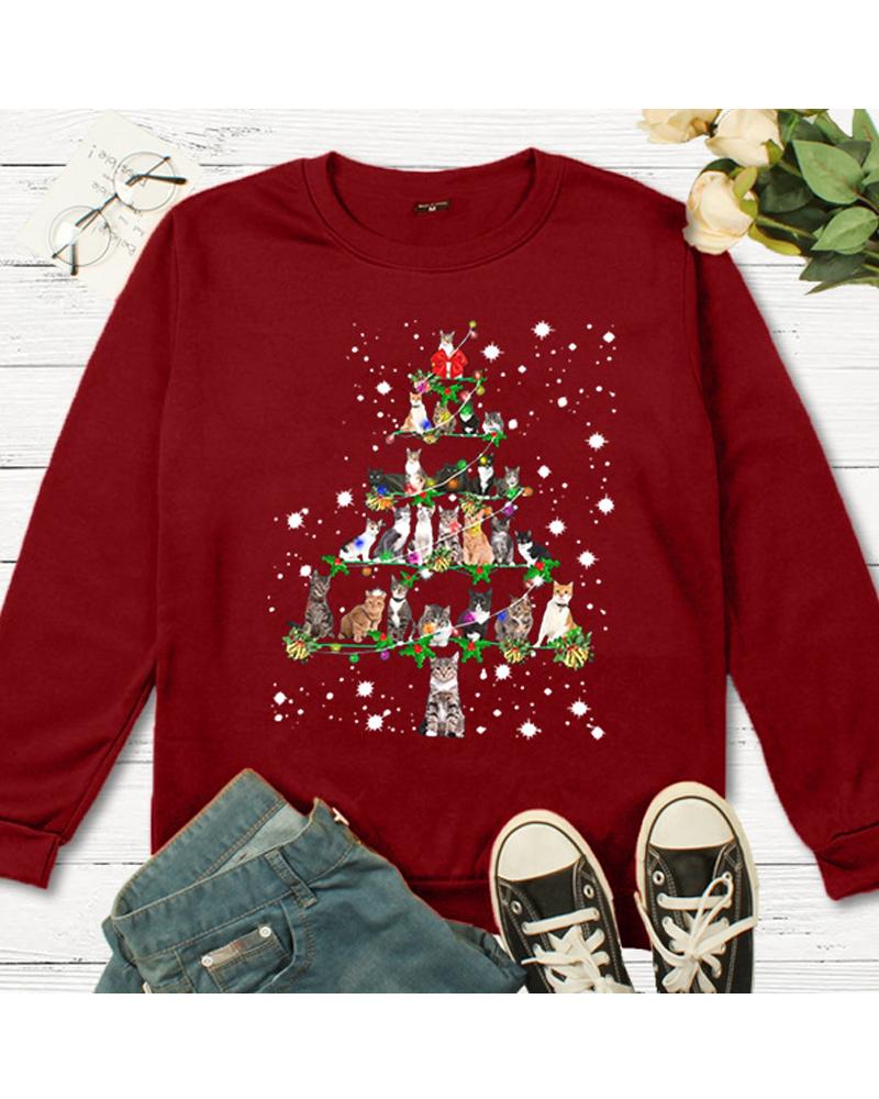 

Christmas Tree Cat Print Casual Top, Wine red