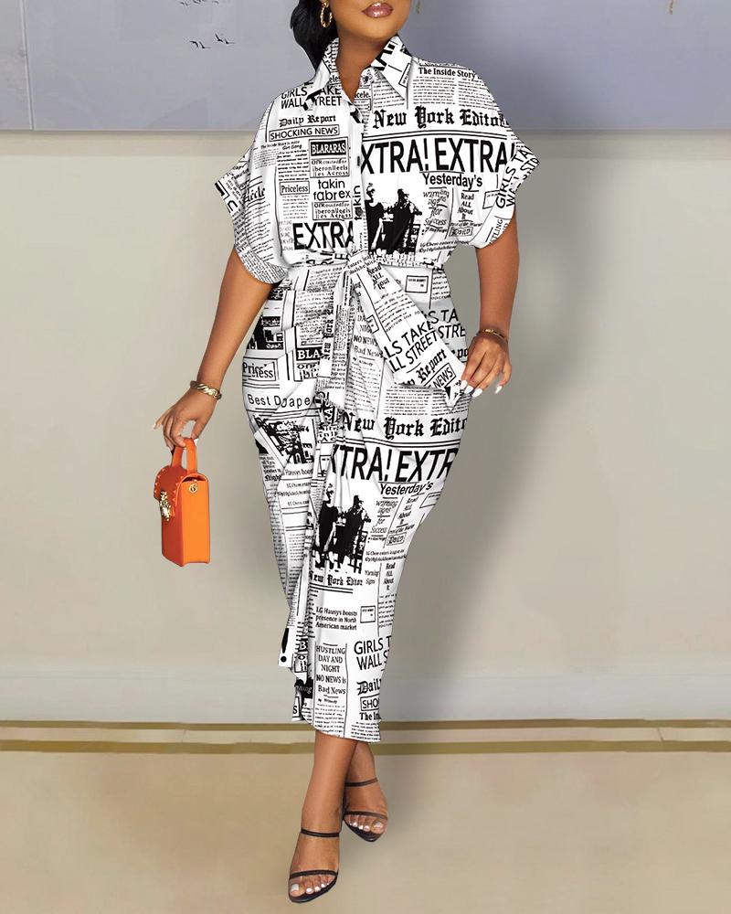

Newspaper Print Ruched Button Down Shirt Dress, Blackwhite