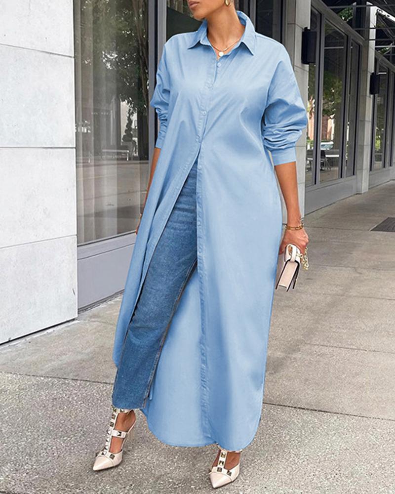 

Long Sleeve Buttoned Slit Shirt Dress, Sky blue