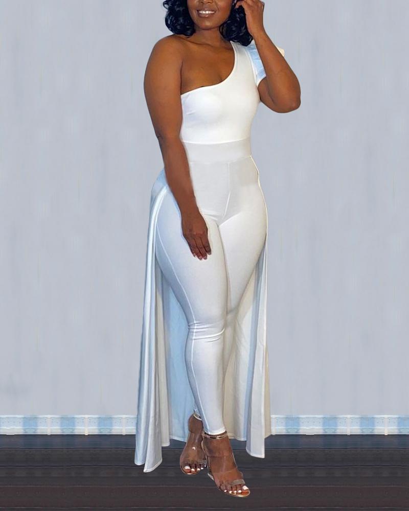 

Solid Color One Shoulder Jumpsuit With Skirt, White