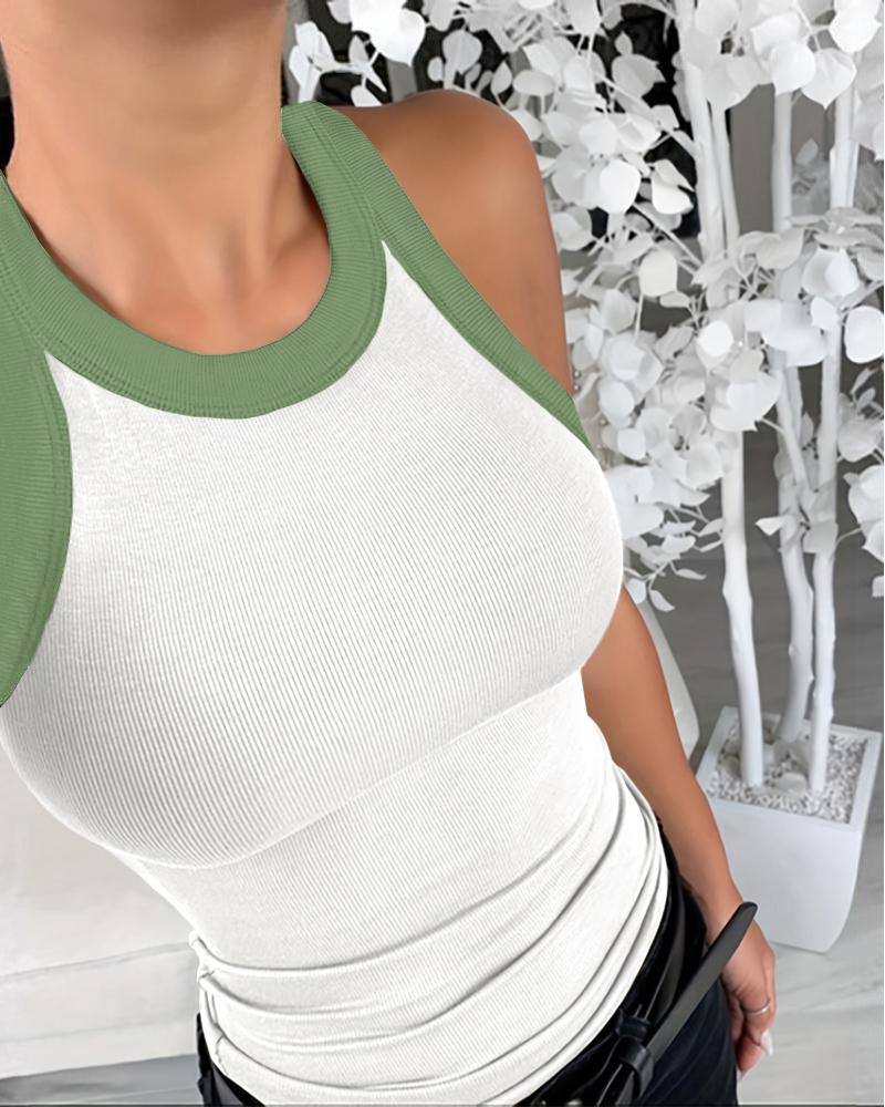 

Contrast Binding Tank Tops Summer Sleeveless Basic Cami Top Shirt Slim Knit Ribbed Racerback Blouses, Beige