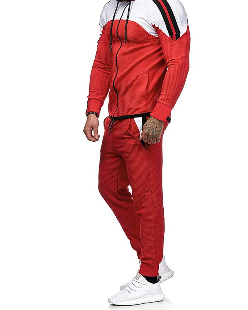 

Colorblock Long Sleeve Loose Hoodies Sweatshirts Suit Sets, Red