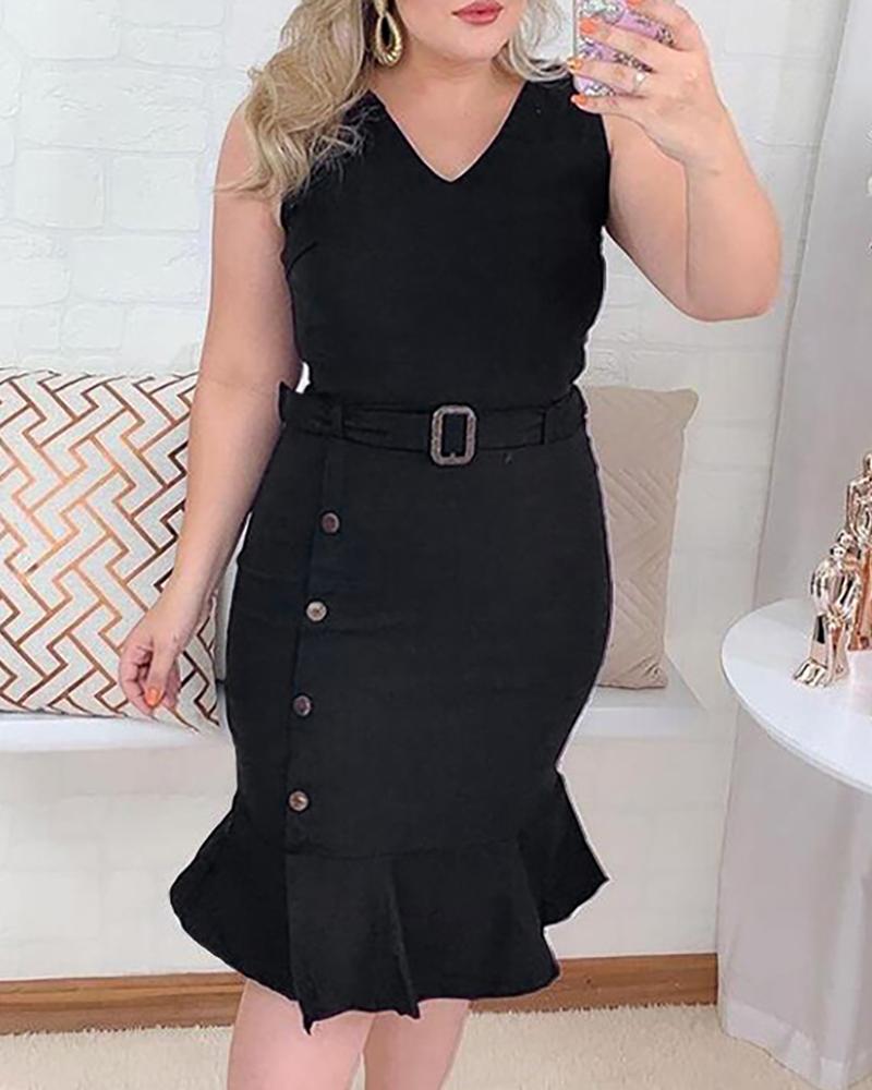 

Plus Size Button Front Sleeveless Mermaid Dress, Black