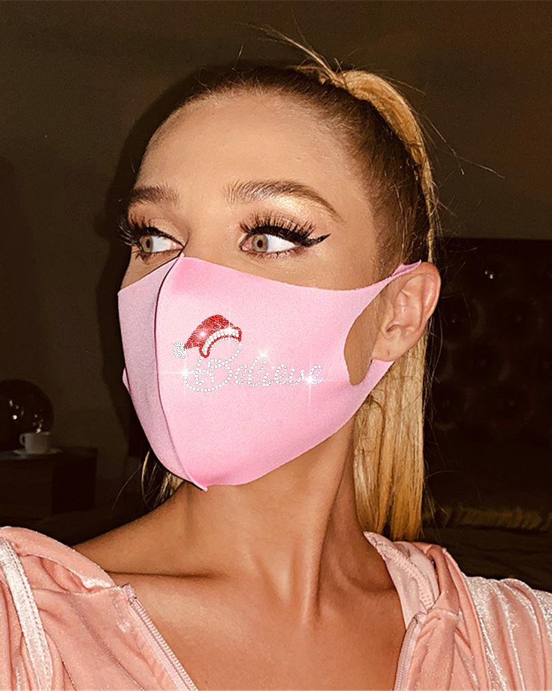 

Christmas Letter Pattern Rhinestone Breathable Face Mask, Pink