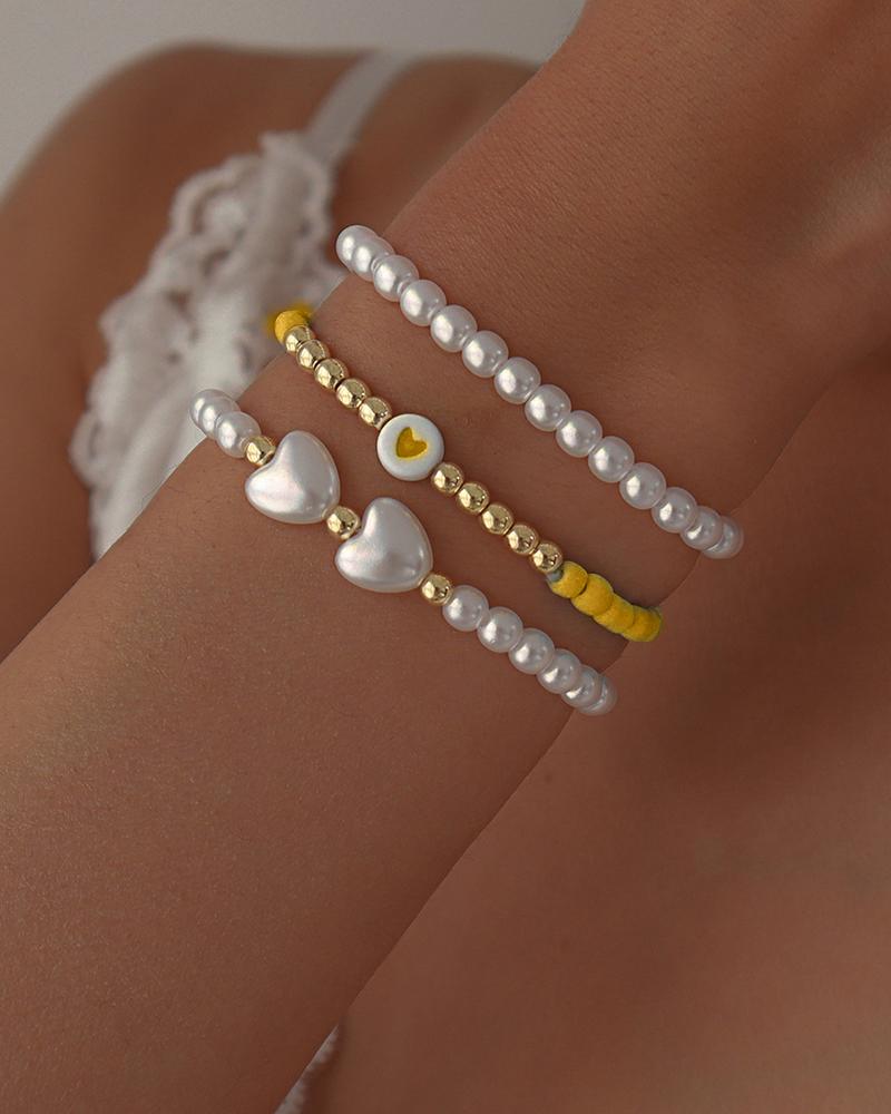 

3PCS Heart Pearls Beaded Bracelet Set, Yellow