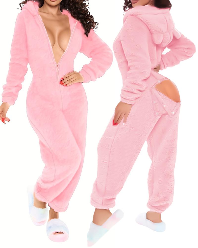 

3D Ear Buttoned Flap Functional Fluffy Lounge Jumpsuit, Pink