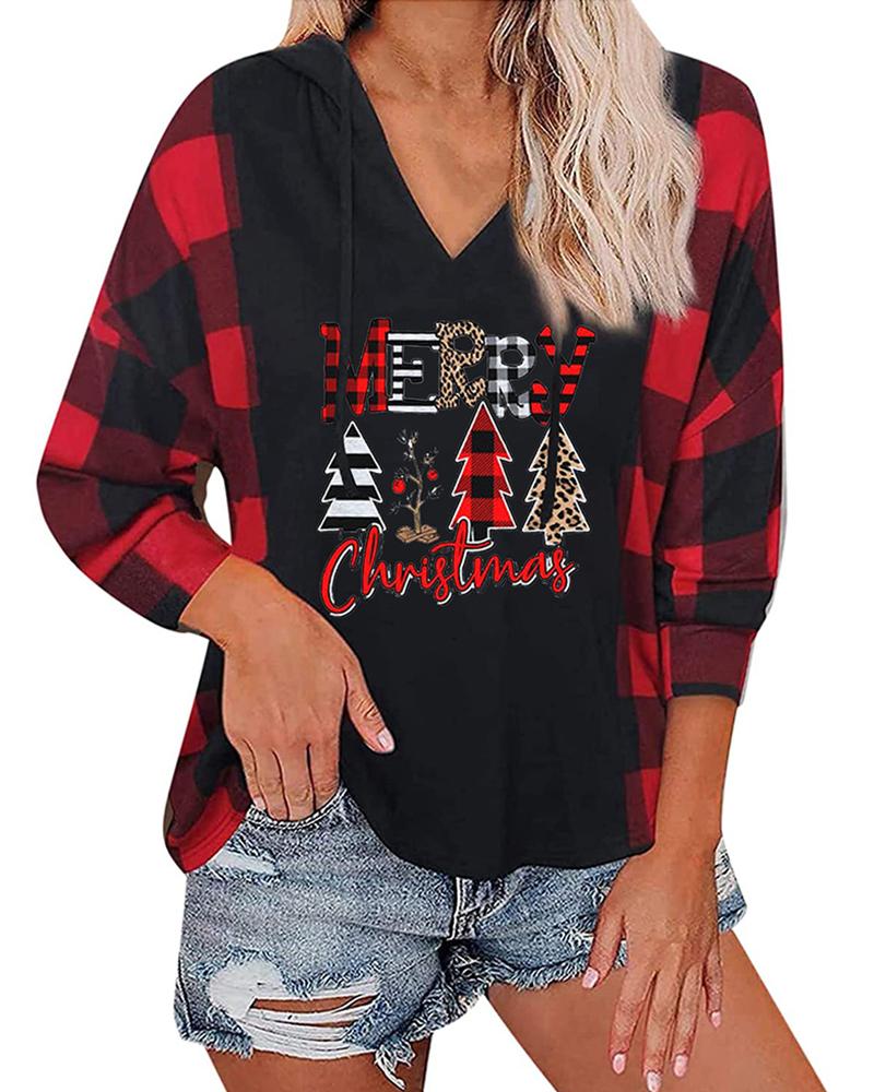 

Christmas Plaid Letter Plants Print Hooded Top, Red