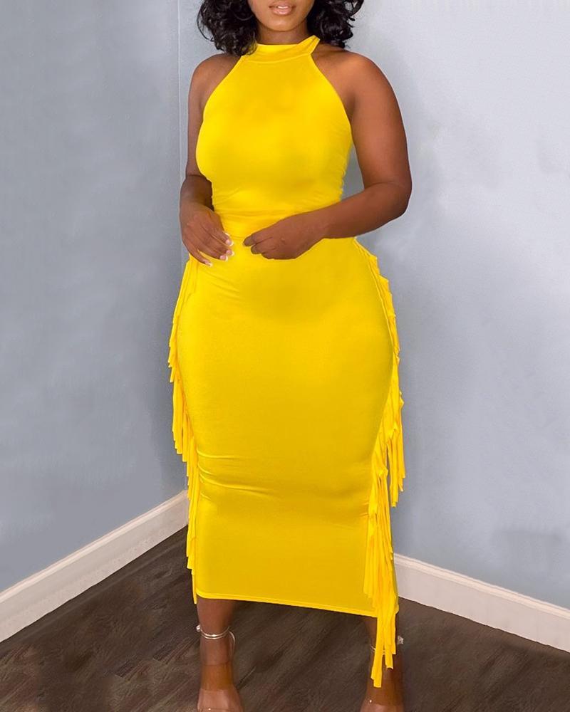 

O-Neck Sleeveless Fringe Decor Maxi Dress, Yellow