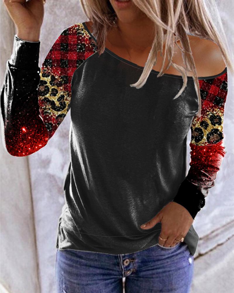 

Contrast Plaid Long Sleeve Casual Top, Black