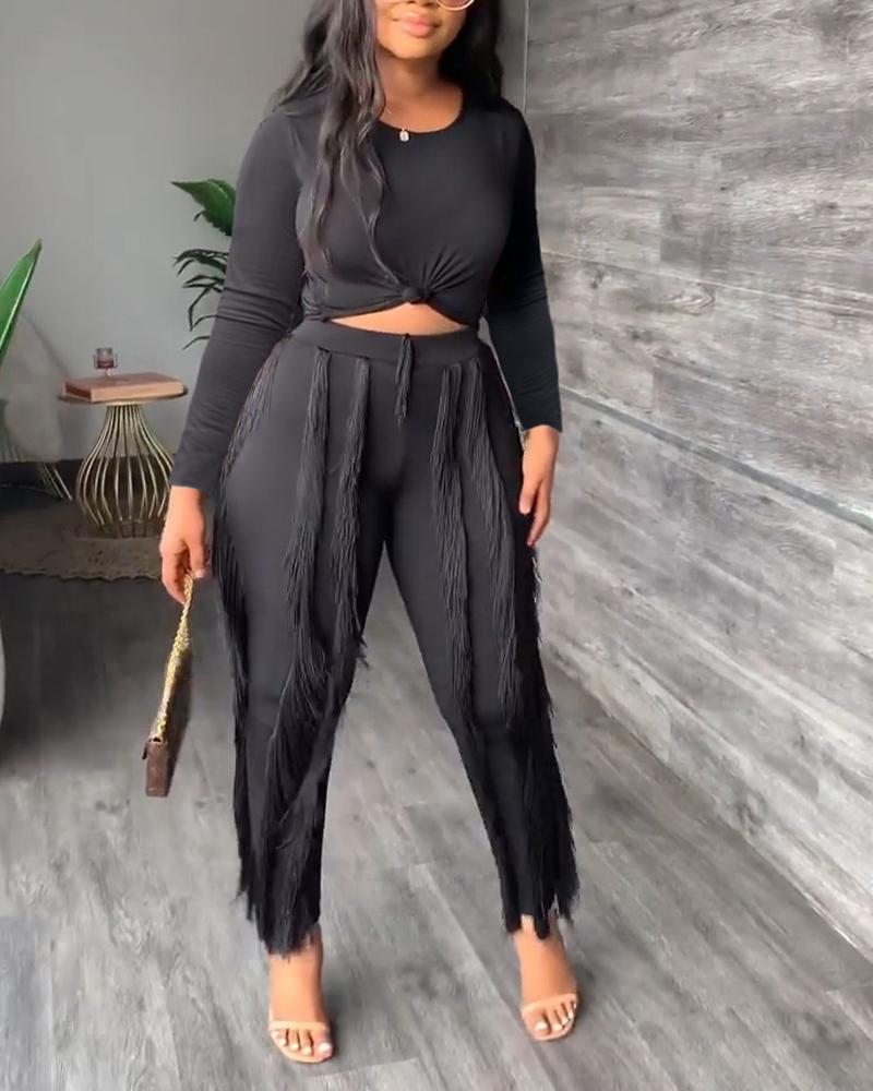 

Ribbed Long Sleeve Top & Tassel Trim Pants Set, Black
