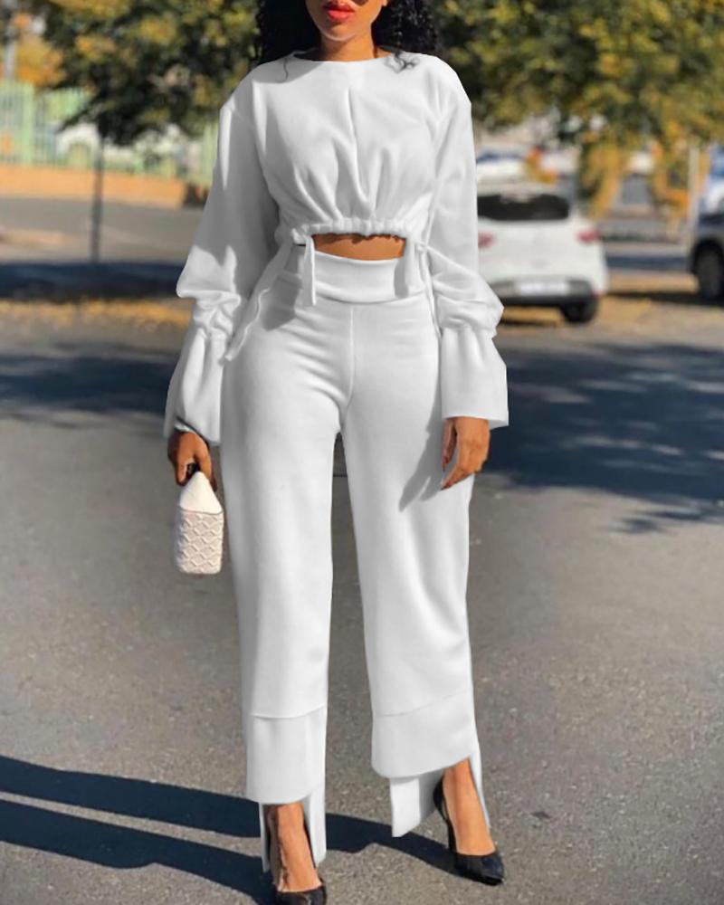

Ruched Long Sleeve Drawstring Top & Asymmetrical Pants Set, White