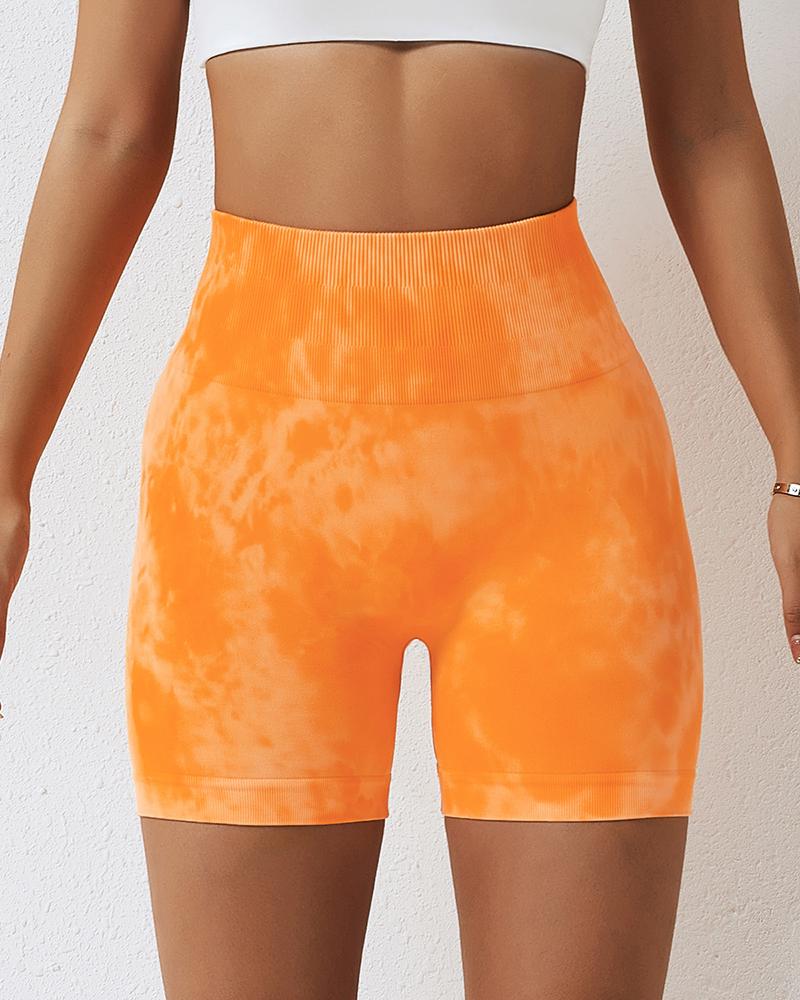 

Tie Dye Print Butt Lifting Active Shorts, Yellow