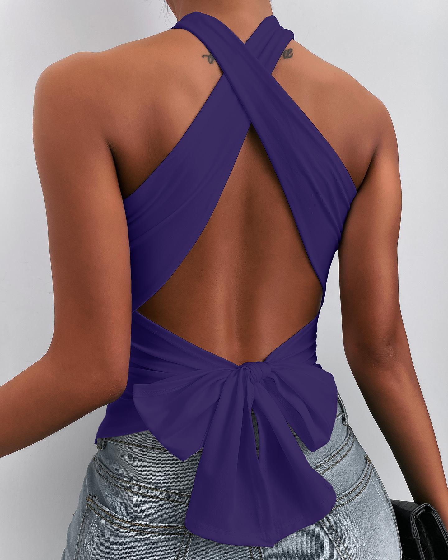 

Halter Backless Knotted Design Top, Purple