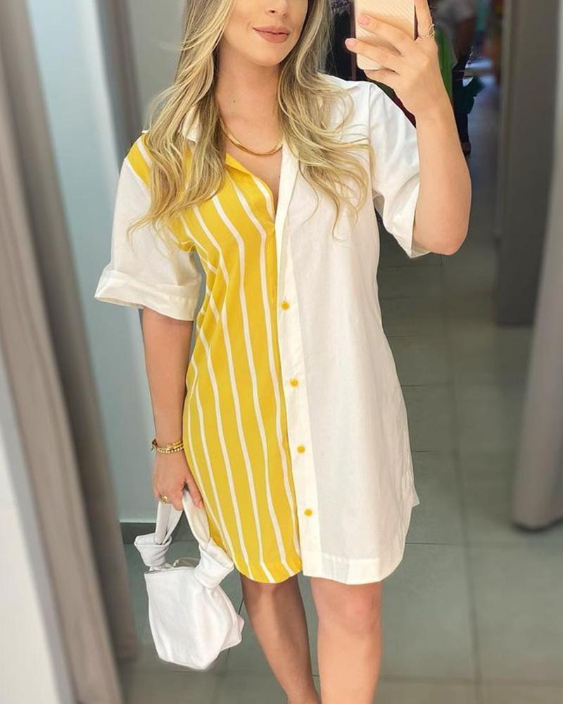 

Striped Colorblock Long Sleeve Button-up Shirt Dress, Yellow