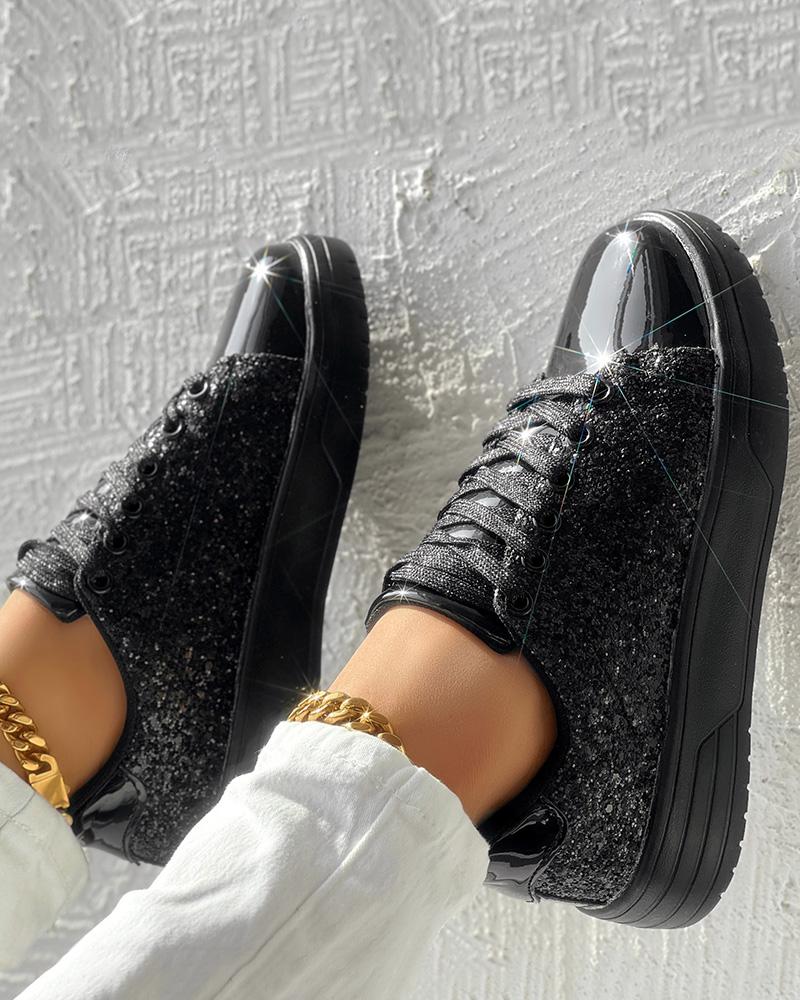

Contrast Sequin Lace-up Round Toe Sneakers, Black